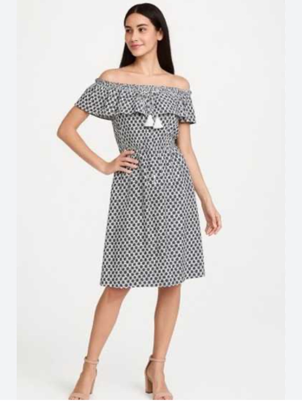 Kate Spade Women’s L Arrow Stripe Off Shoulder Dress Pom-pom